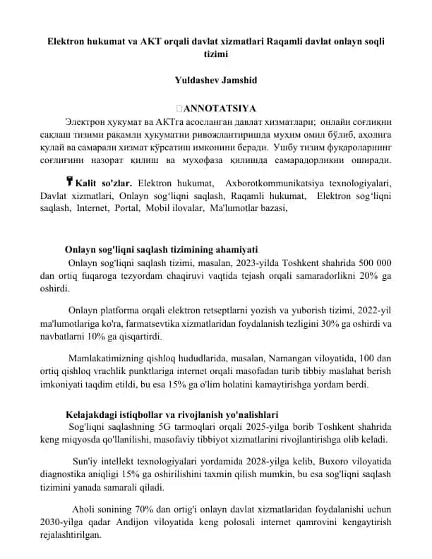 Elektron hukumat va AKT orqali davlat xizmatlari Raqamli davlat onlayn soqli tizimi