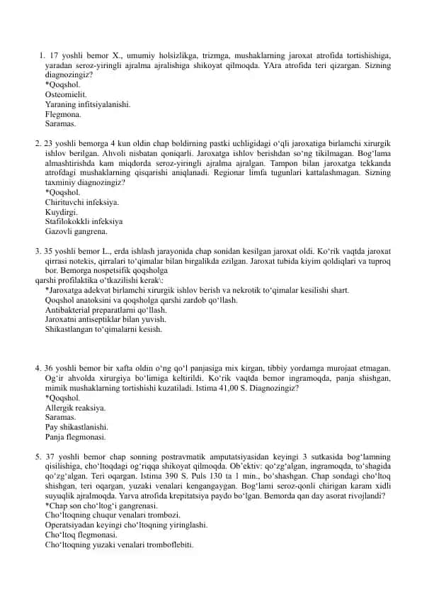 Qoqshol va osteomielit bo‘yicha klinik test-savollari (15 ta vaziyat)