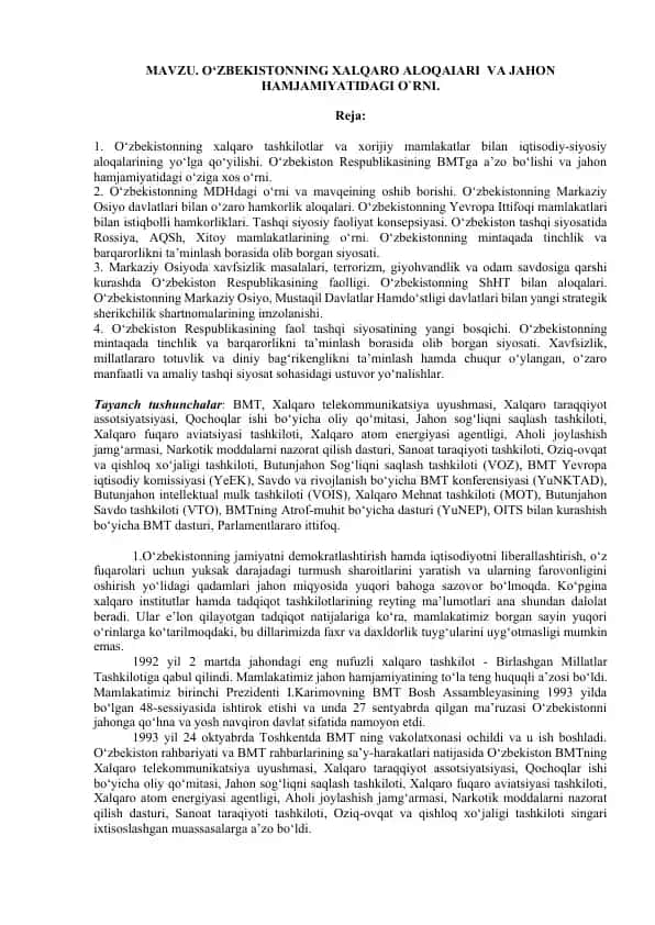 O‘zbekistonning xalqaro aloqalari va jahon hamjamiyatidagi o`rni