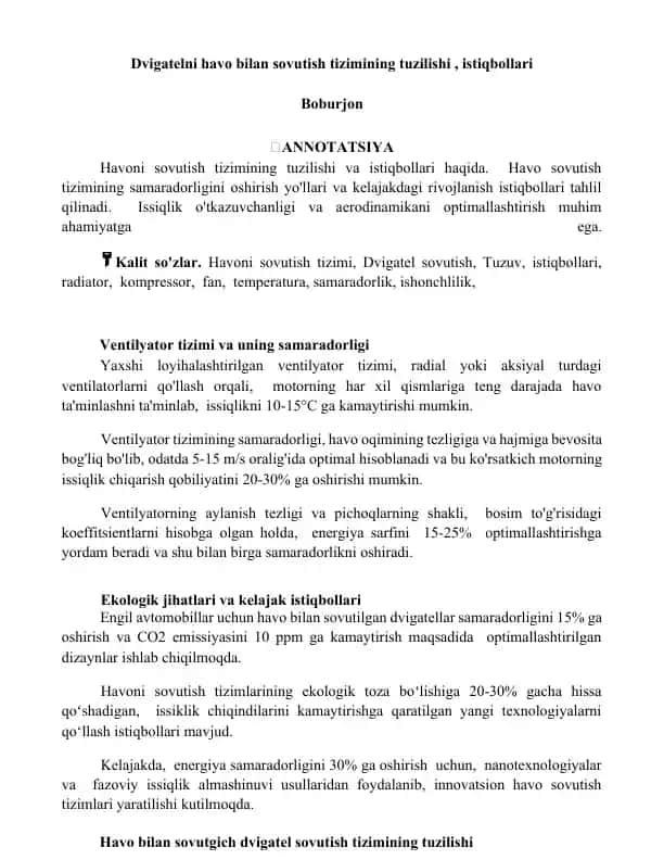 Dvigatelni havo bilan sovutish tizimining tuzilishi va istiqbollari
