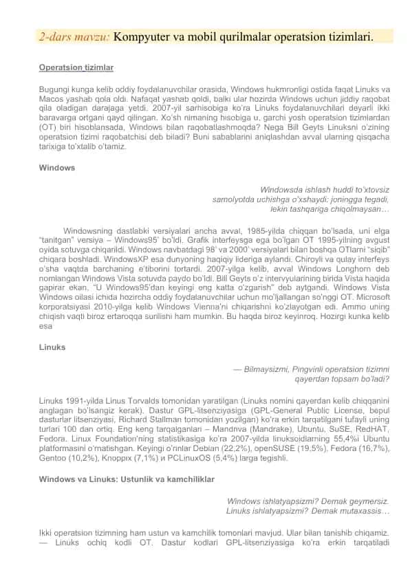 Kompyuter va mobil qurilmalar Operatsion Tizimi