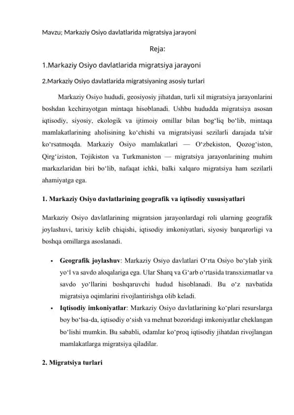Markaziy Osiyo davlatlarida migratsiya jarayoni