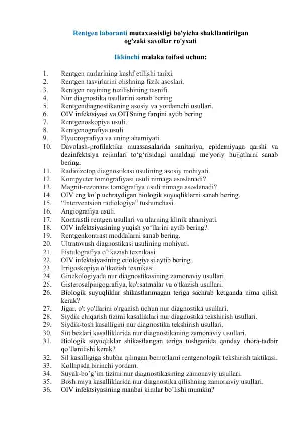 Rentgen laboranti mutaxassisligi bo‘yicha og‘zaki savollar ro‘yxati