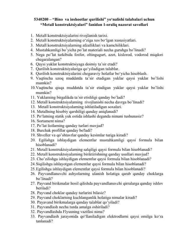 Bino va inshootlar qurilishi yo‘nalishi talabalari uchun