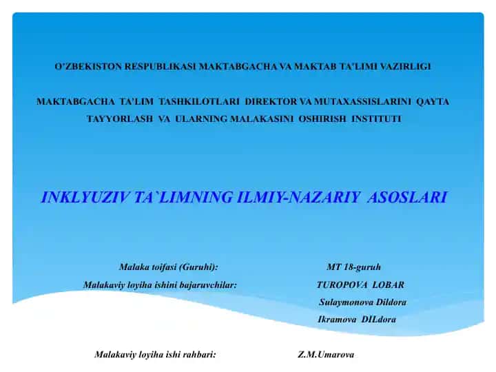 INKLYUZIV TA`LIMNING ILMIY-NAZARIY ASOSLARI