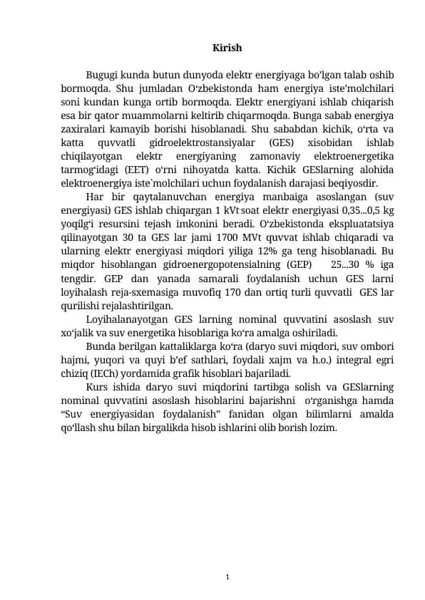 Elektr energiyasi iste'molchilari uchun gidroelektrostansiya larning dizayni