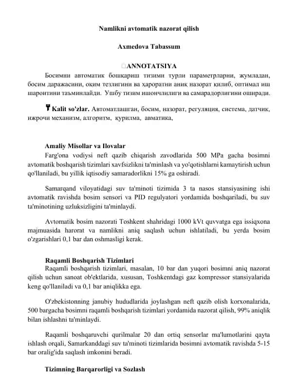 Avtomatik bosim boshqarish tizimi