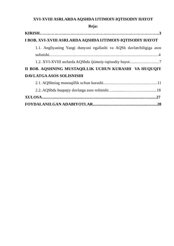 XVI-XVIII Asrlarda AQSHda Ijtimoiy-Iqtisodiy Hayot