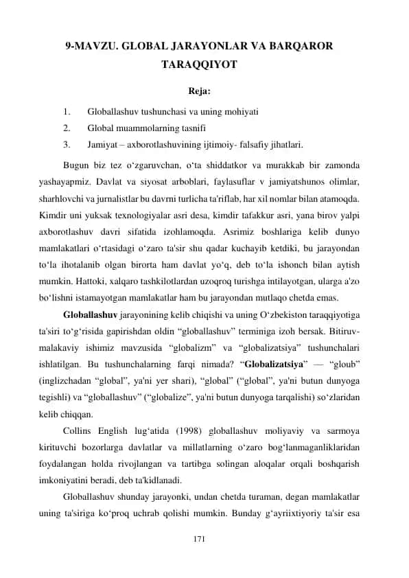 Global Jarayonlar va Barqaror Taraqqiyot