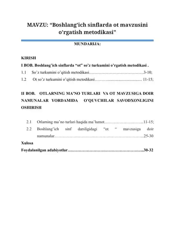Boshlang’ich sinflarda ot mavzusini o’rgatish metodikasi