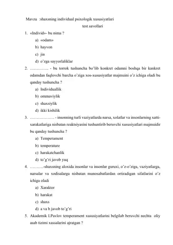 shaxsning individual psixologik xususiyatlari test savollari