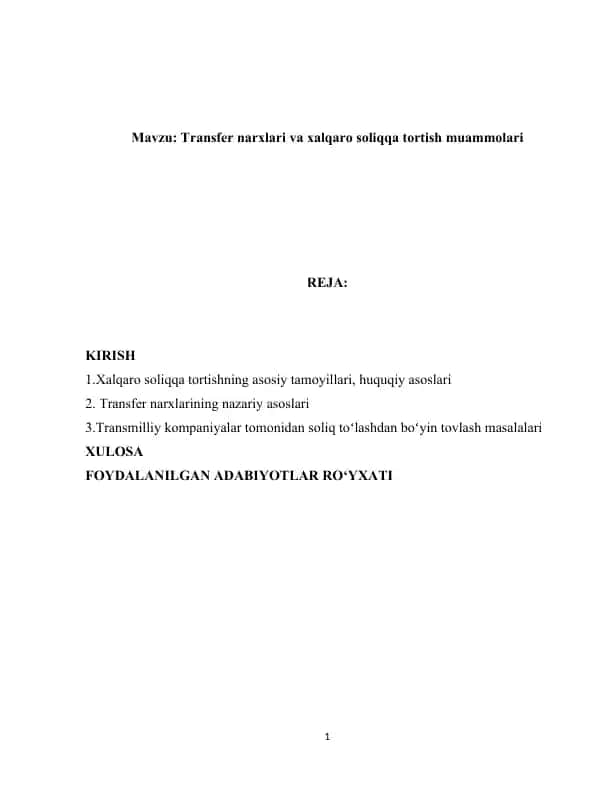 Transfer narxlari va xalqaro soliqqa tortish muammolari
