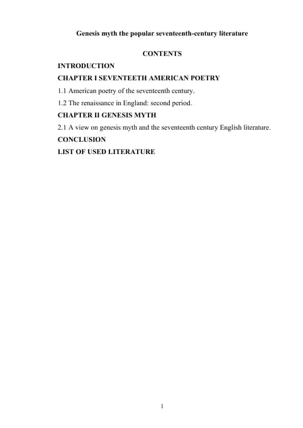 Genesis Myth and Seventeenth-Century Literature Course Paper