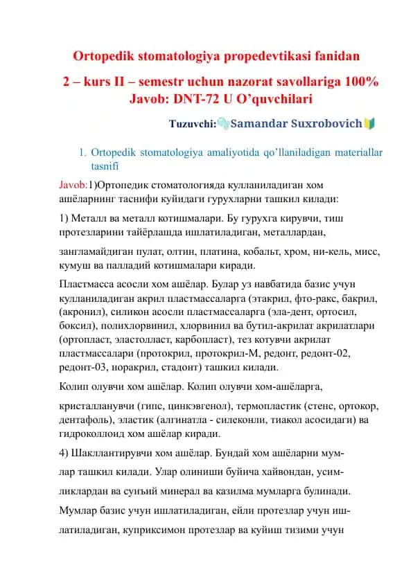 Ortopedik stomatologiya propedevtikasi