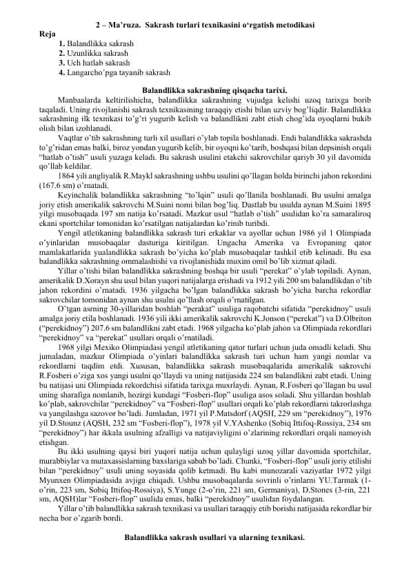 Ma’ruza. Sakrash turlari texnikasini o‘rgatish metodikasi