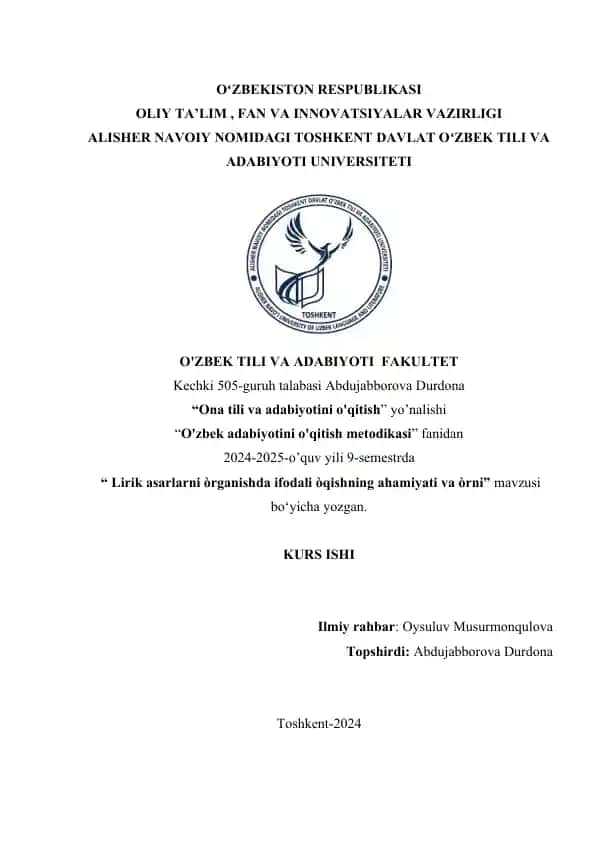 “O'zbek adabiyotini o'qitish metodikasi”