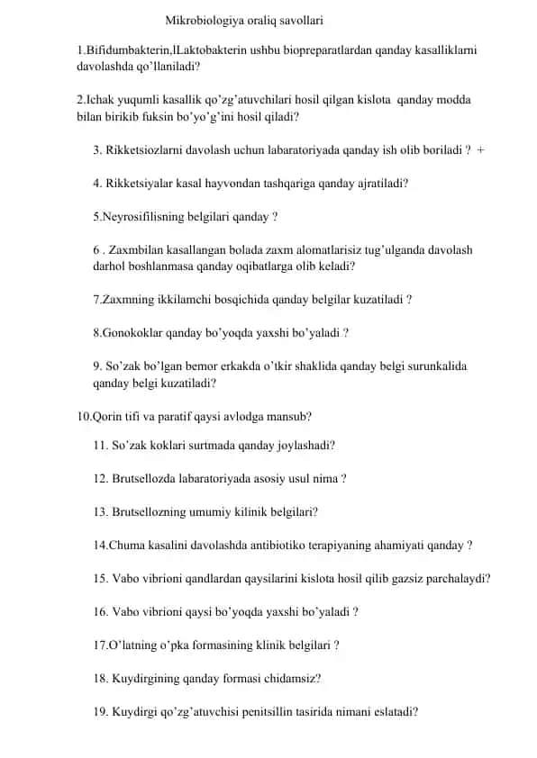 Mikrobiologiya oralig'i savollari