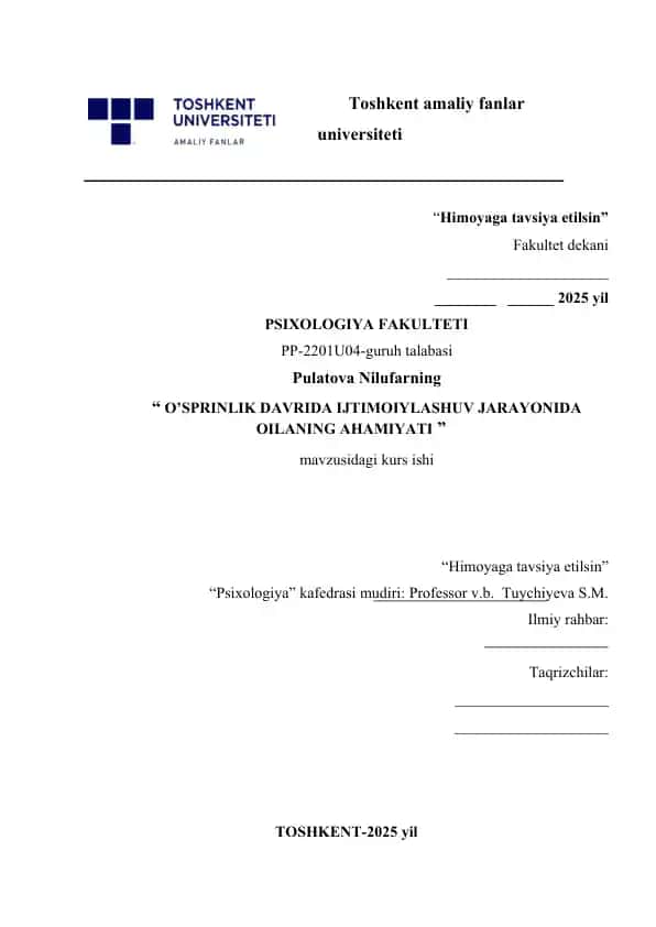 O’SPRINLIK DAVRIDA IJTIMOIYLASHUV JARAYONIDA OILANING AHAMIYATI