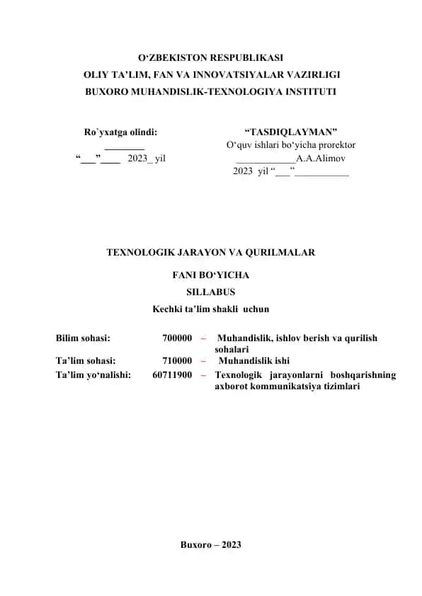 Texnologik jarayon va qurilmalar SILLABUS