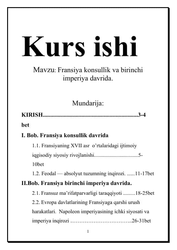 Kurs ishi: Fransiya konsullik va birinchi imperiya davrida