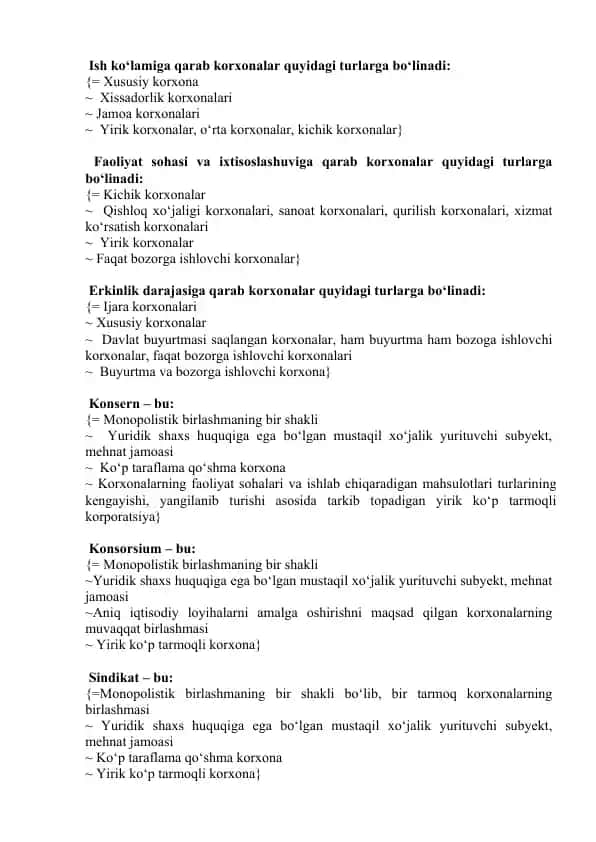 Korxonalar va ularning turlari haqida ma'lumotlar