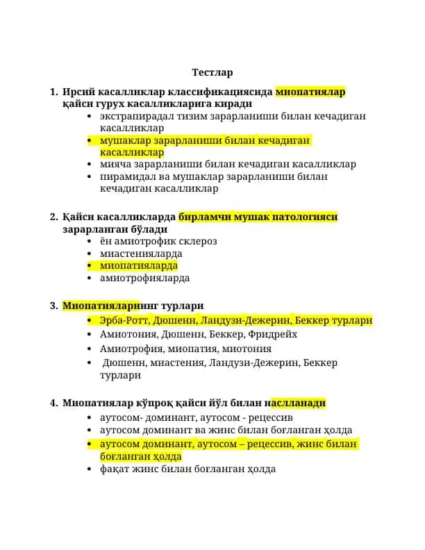 Miopatiya Haqida Testlar