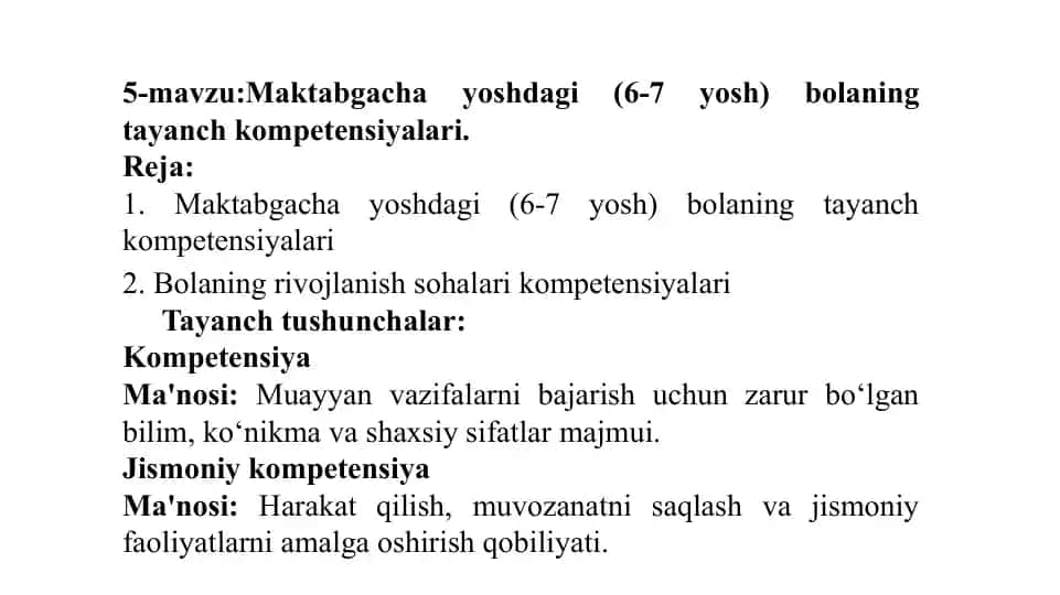 Maktabgacha yoshdagi (6-7 yosh) bolaning tayanch kompetensiyalari