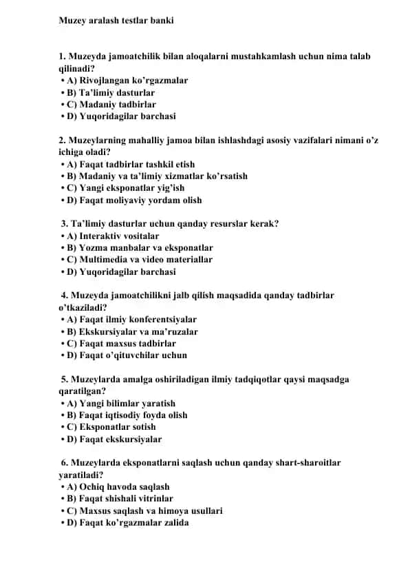 Muzey aralash testlar banki