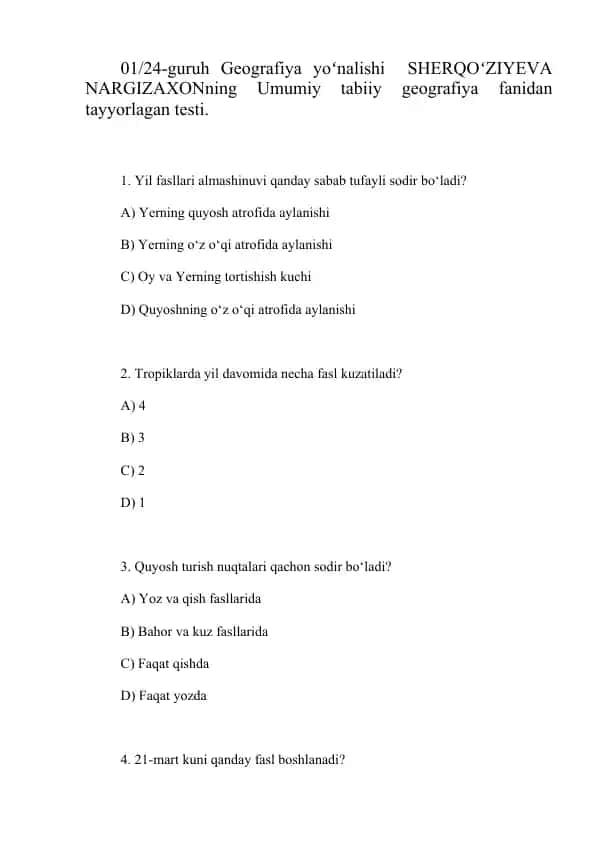 Umumiy tabiiy geografiya testi