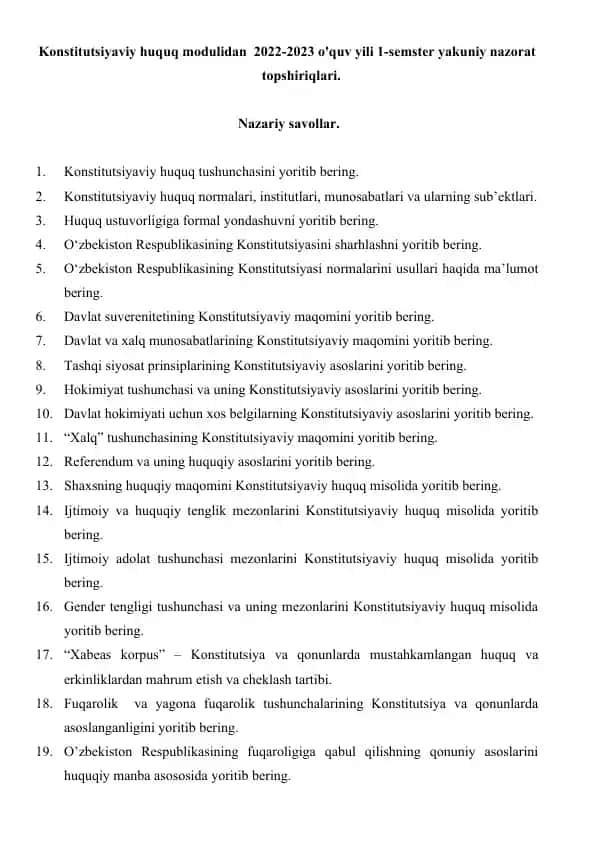 Konstitutsiyaviy Huquq moduli 2022-2023 o'quv yili 1-semestr yakuniy nazorat topshiriqlari