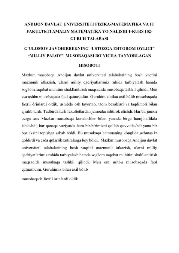 USTOZGA EHTOROM OYLIGI
