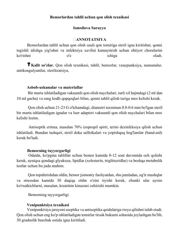 Bemorlardan tahlil uchun qon olish texnikasi