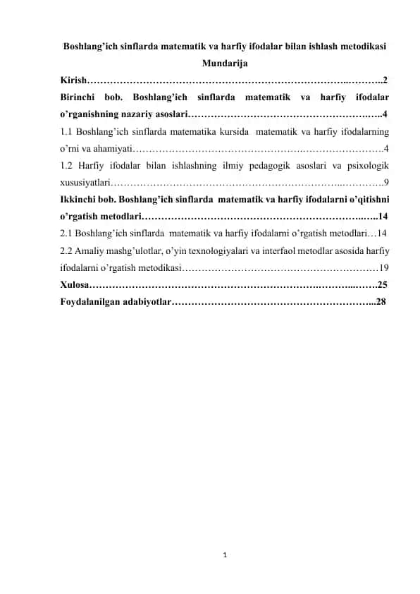 Boshlang'ich sinflarda matematik va harfiy ifodalar bilan ishlash