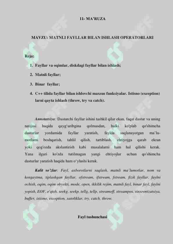 C++ da matnli fayllar bilan ishlash operatorlari