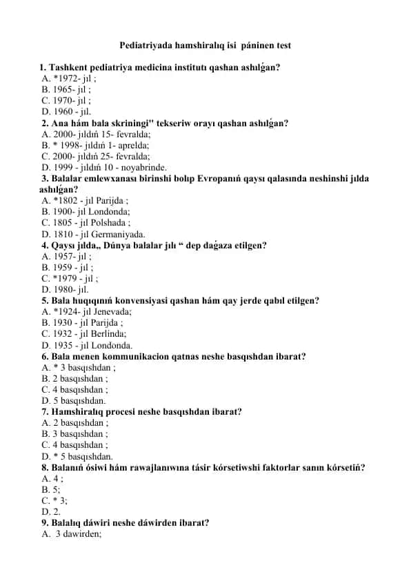 Pediatriyada hamshiralıq isi páninen test