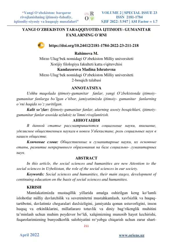 Yangi O‘zbekiston: barqaror rivojlanishning ijtimoiy-falsafiy, iqtisodiy-siyosiy va huquqiy masalalari