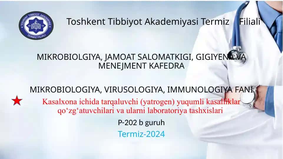 Kasalxona ichida tarqaluvchi yuqumli kasalliklar va ularni laboratoriya tashxislari