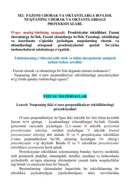 Fazoni chorak va oktantlarga bo‘lish. Nuqtaning chorak va oktantlardagi proyeksiyalari.