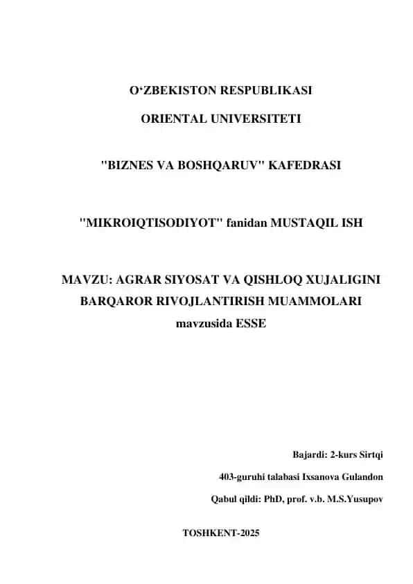 Agrar siyosat va qishloq xo‘jaligini barqaror rivojlantirish muammlari