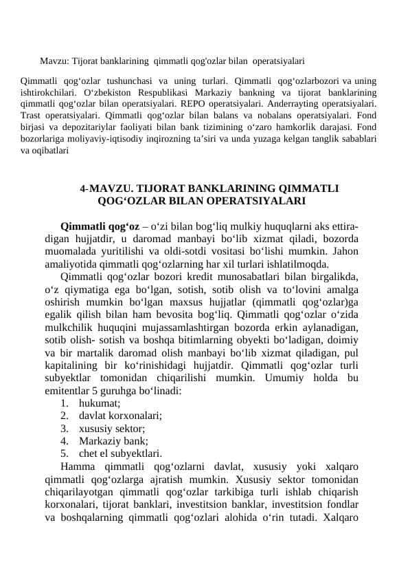 Tijorat banklarining qimmatli qog'ozlar bilan operatsiyalari