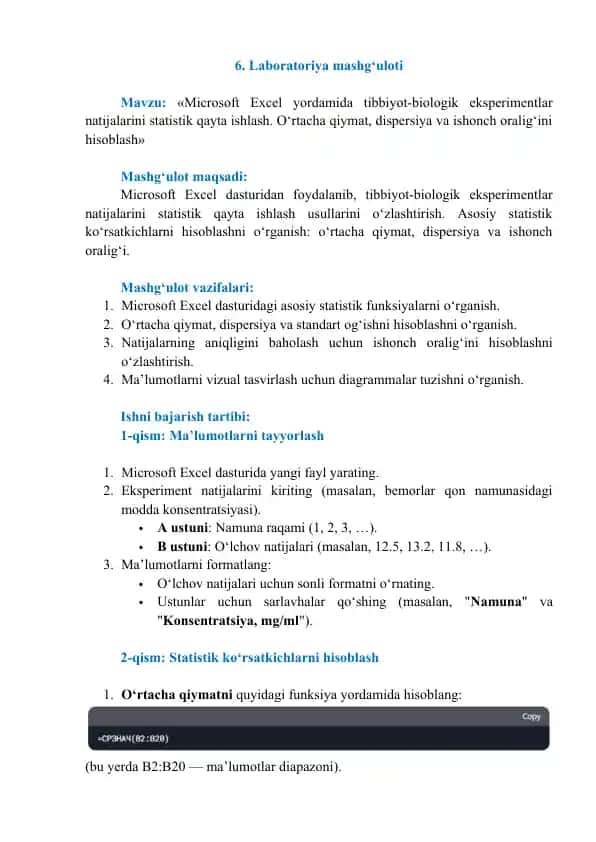 Microsoft Excel yordamida tibbiyot-biologik eksperimentlar natijalarini statistik qayta ishlash
