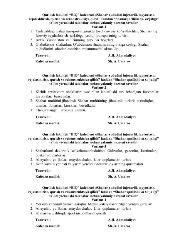Shaharqurilishi va xo‘jaligi bo‘yicha nazorat savollari