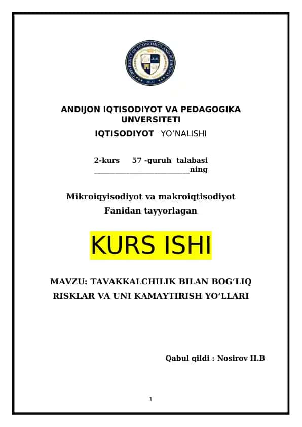 TAVAKKALCHILIK BILAN BOG‘LIQ RISKLAR VA UNI KAMAYTIRISH YO‘LLARI