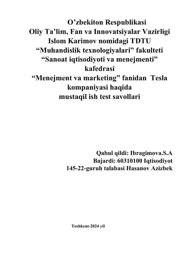 Tesla kompaniyasi haqida mustaqil ish test savollari