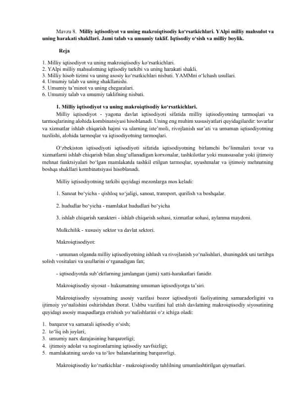 Milliy iqtisodiyot va uning makroiqtisodiy ko‘rsatkichlari