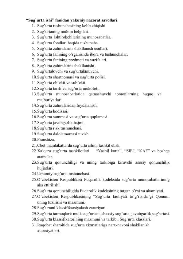 “Sug`urta ishi” fanidan yakuniy nazorat savollari
