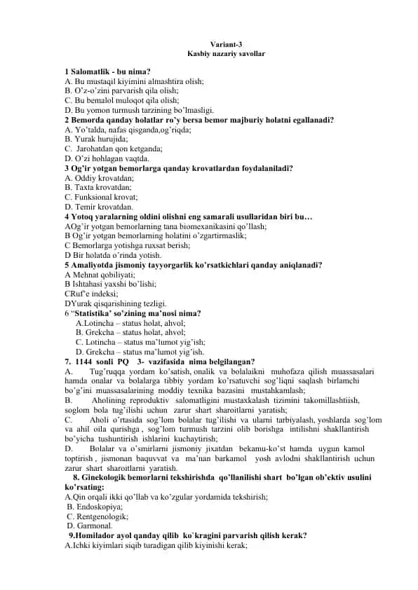 Kasbiy nazariy savollar