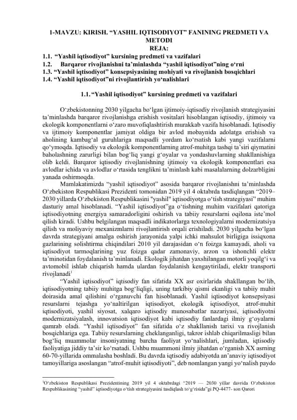 Yashil iqtisodiyotning predmeti va vazifalari