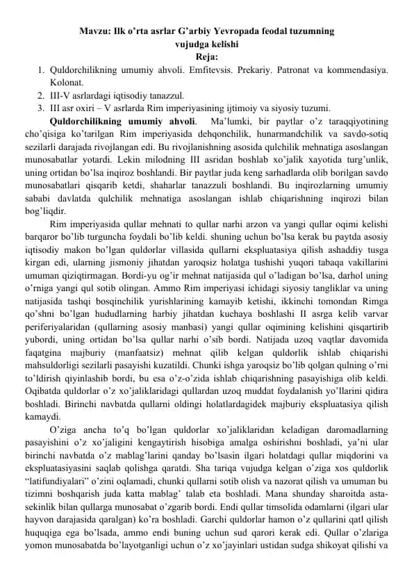 Quldorchilikning Umumiy Ahvoli