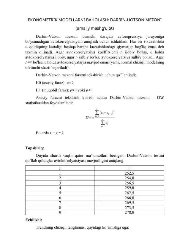 EKONOMETRIK MODELLARNI BAHOLASH: DARBIN-UOTSON MEZONI (amaliy mashg’ulot)